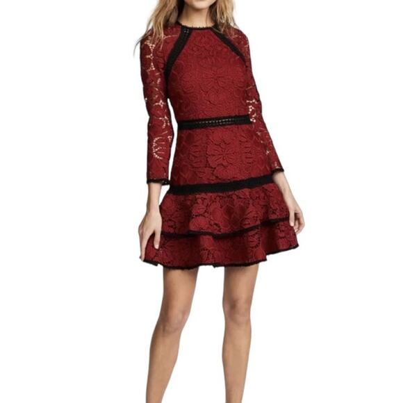 Alexis Kharis Lace Ruffle Red Mini Dress Black Trim Size Small - Picture 1 of 15